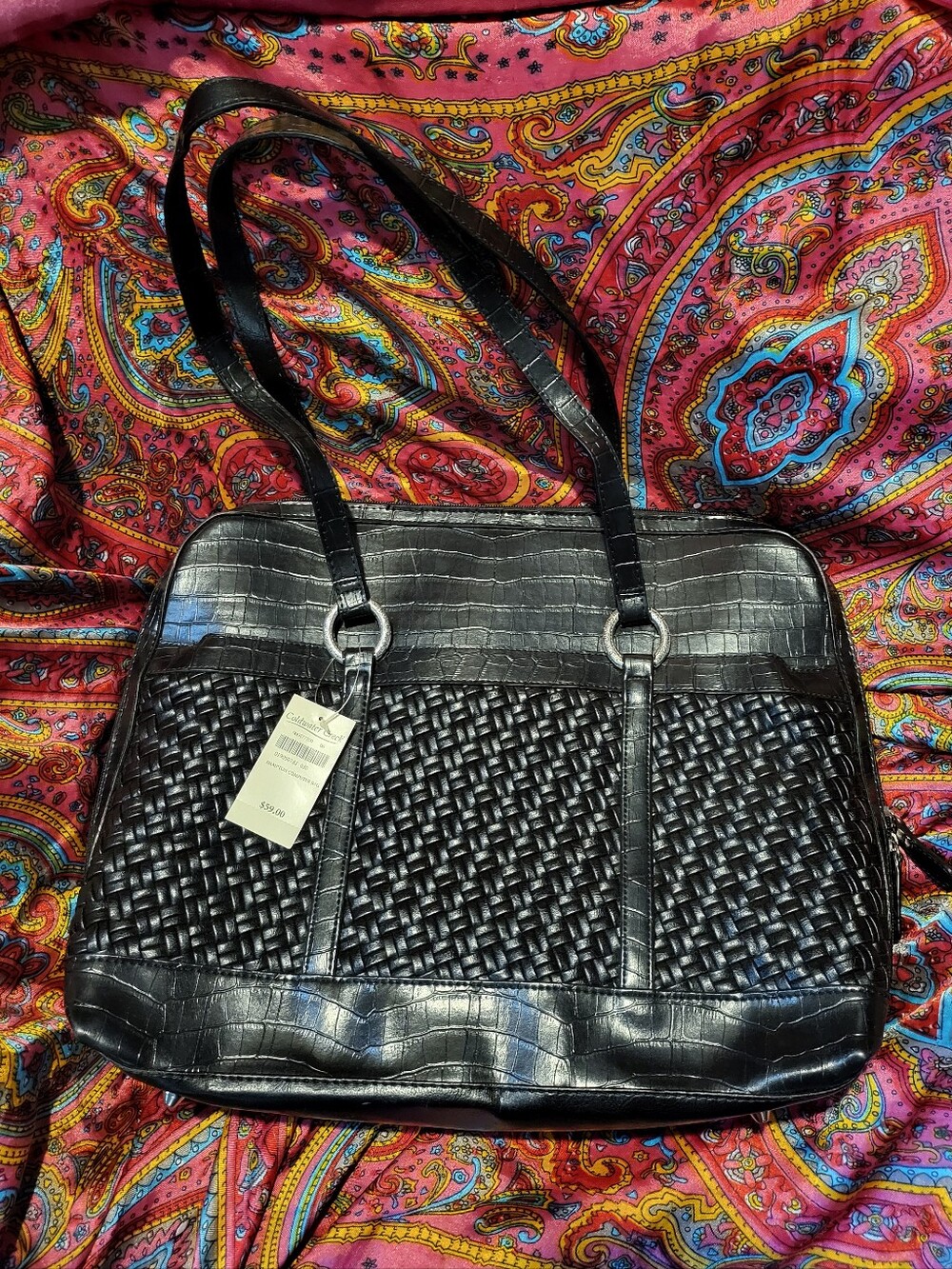 Coldwater Creek Hampton Computer Laptop Bag Black Faux Leather Woven Reptile